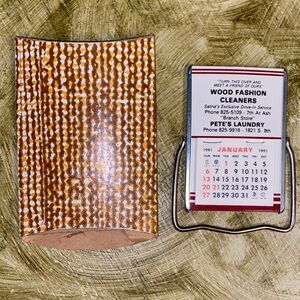Vintage Wood Fashion Cleaners Mini Standing 1991 Advertising Calendar + Mirror
